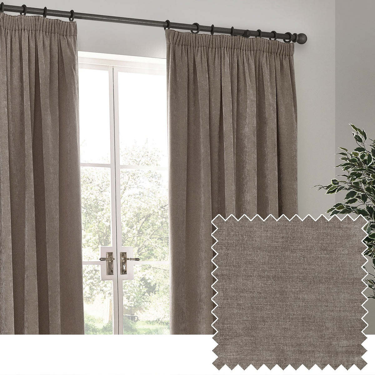Pair of pencil pleat curtains in greige chenille velvet, shown hanging from a black curtain pole beside a French door, with a fabric swatch inset.