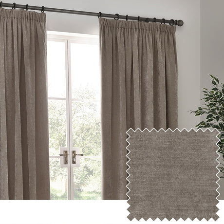 Pair of pencil pleat curtains in greige chenille velvet, shown hanging from a black curtain pole beside a French door, with a fabric swatch inset.