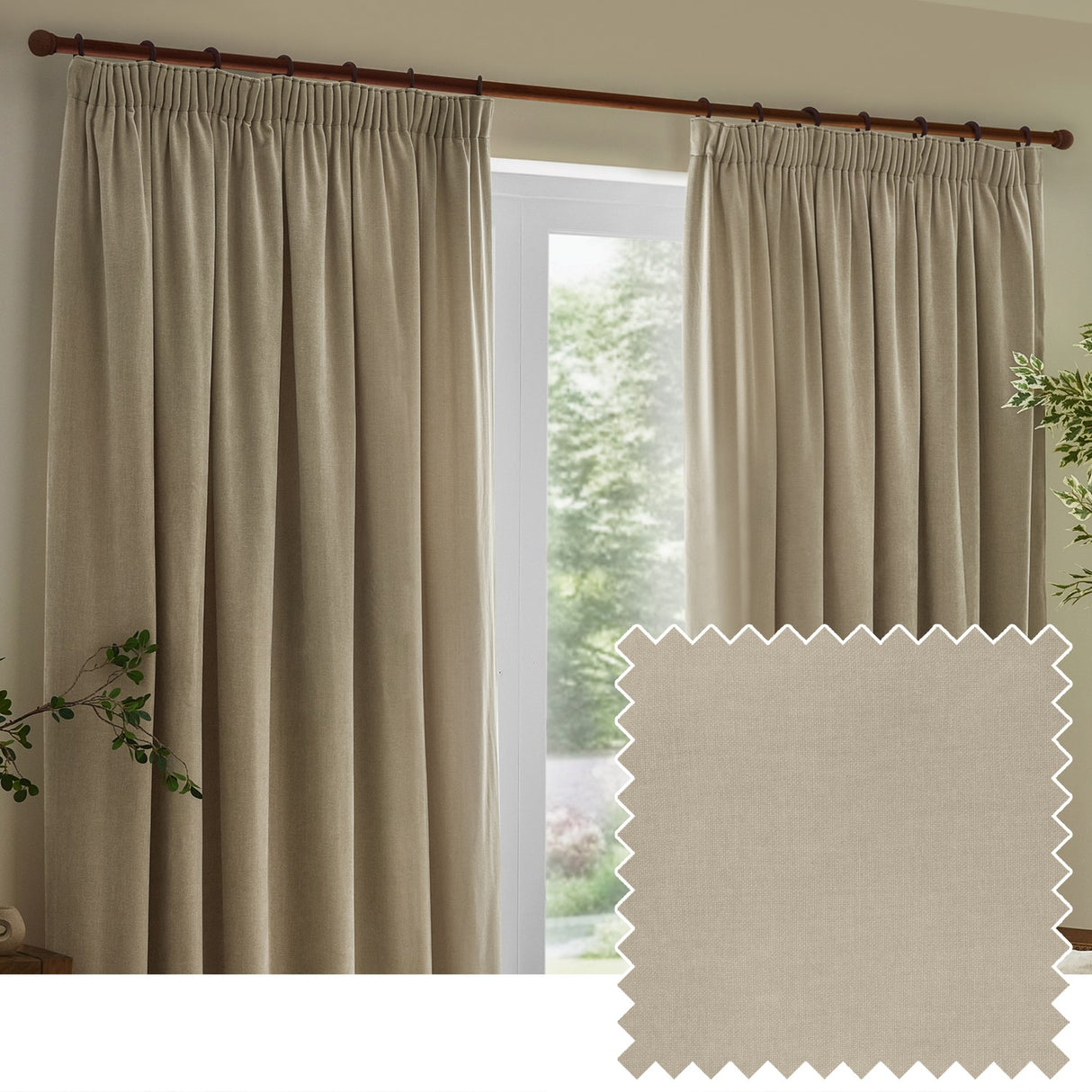Heavy Chenille Velvet Linen Pencil Pleat Curtains - Linen