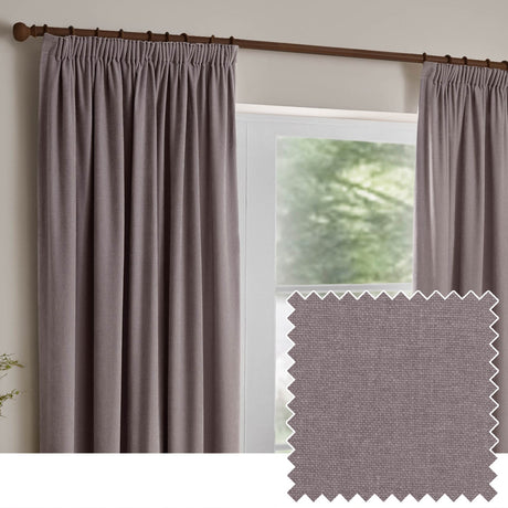 Mauve chenille pencil pleat curtains hanging on a wooden pole beside a window, shown with a fabric swatch of the woven velvet texture.