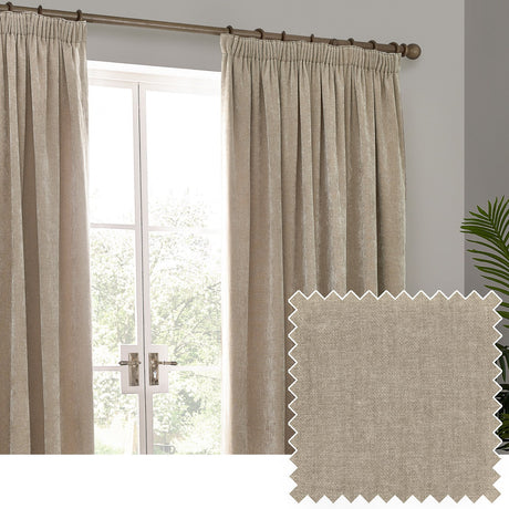 Natural beige pencil pleat curtains in heavy chenille velvet fabric, shown hanging from a bronze pole beside a glazed door, with a matching fabric swatch inset.