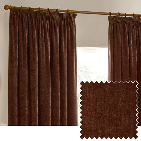 Nutmeg brown chenille velvet pencil pleat curtains hanging from a wooden pole with rings, shown in a room beside a window, with a fabric swatch inset.