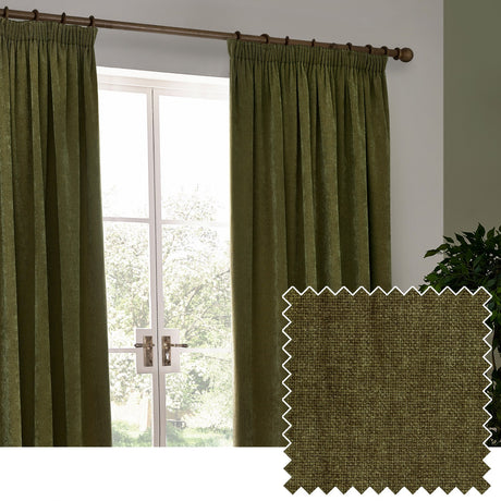 Olive green heavy chenille velvet pencil pleat curtains hung on a wooden pole beside a French door, with a fabric swatch showing the woven texture.