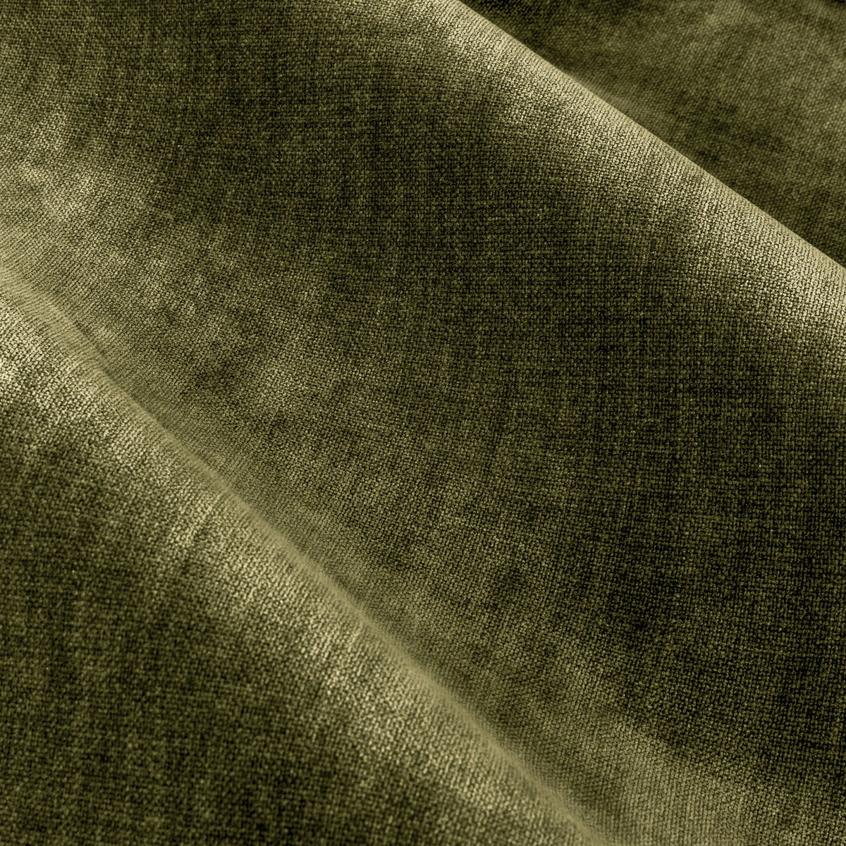 Close-up of heavy chenille velvet fabric in olive green from the Pencil Pleat Curtains, showing soft folds and a densely woven pile with subtle light and dark shading.