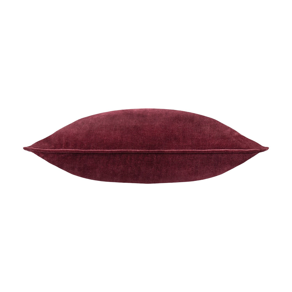 Side view of the Heavy Chenille Plain Velvet Cushion in beetroot red, showing its piped edge and slubbed chenille texture against a plain white background.