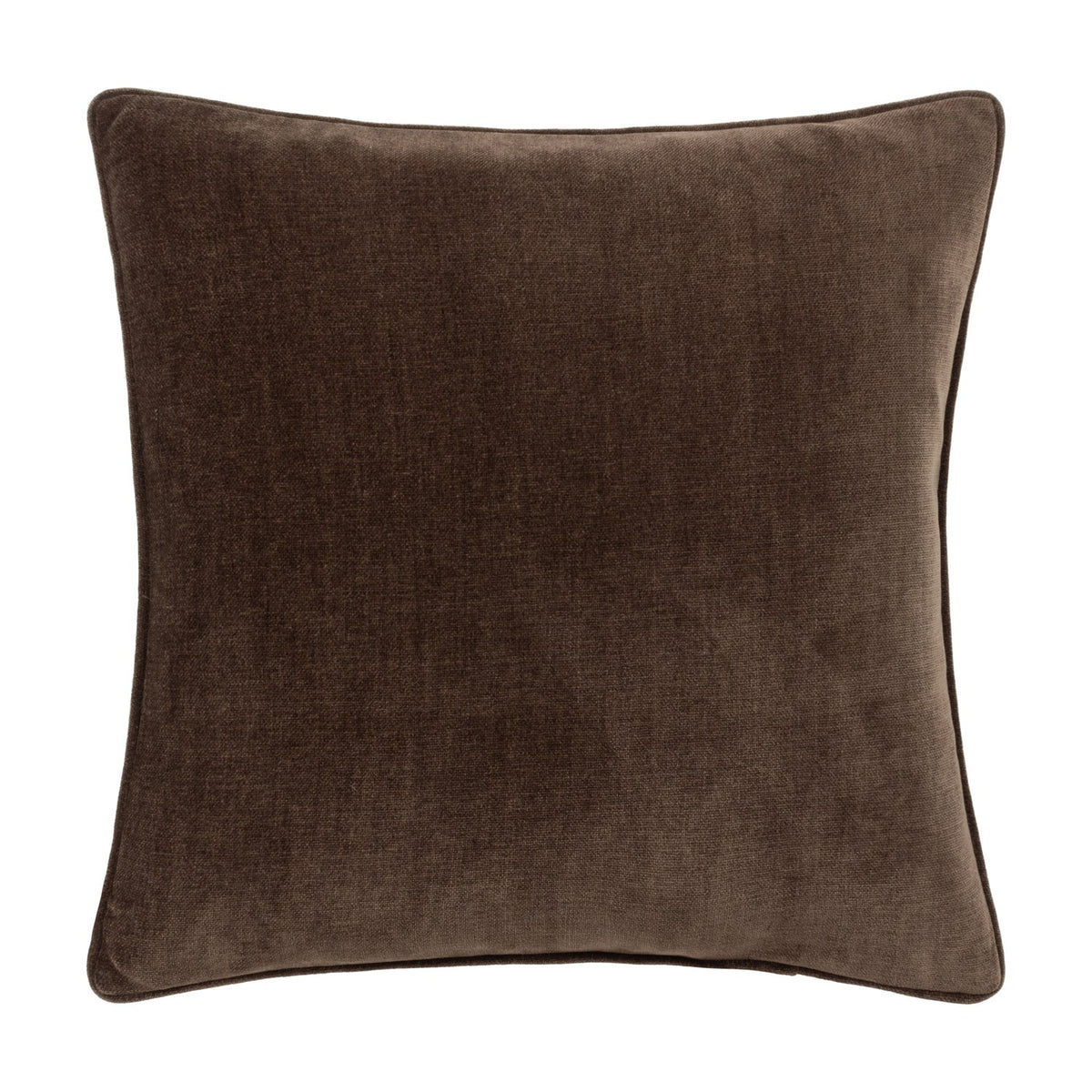 Square brown chenille velvet cushion with a dense short pile and matching piped edge trim, shown on a plain white background.