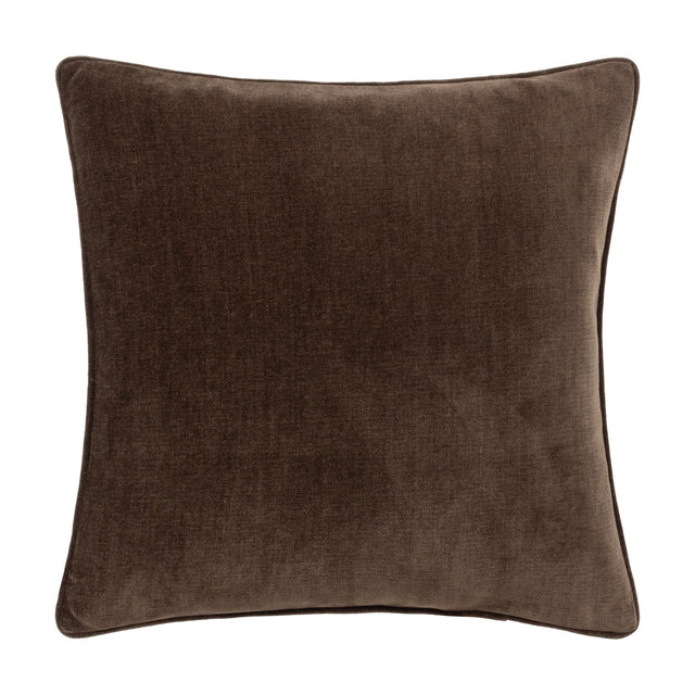 Square brown chenille velvet cushion with a dense short pile and matching piped edge trim, shown on a plain white background.