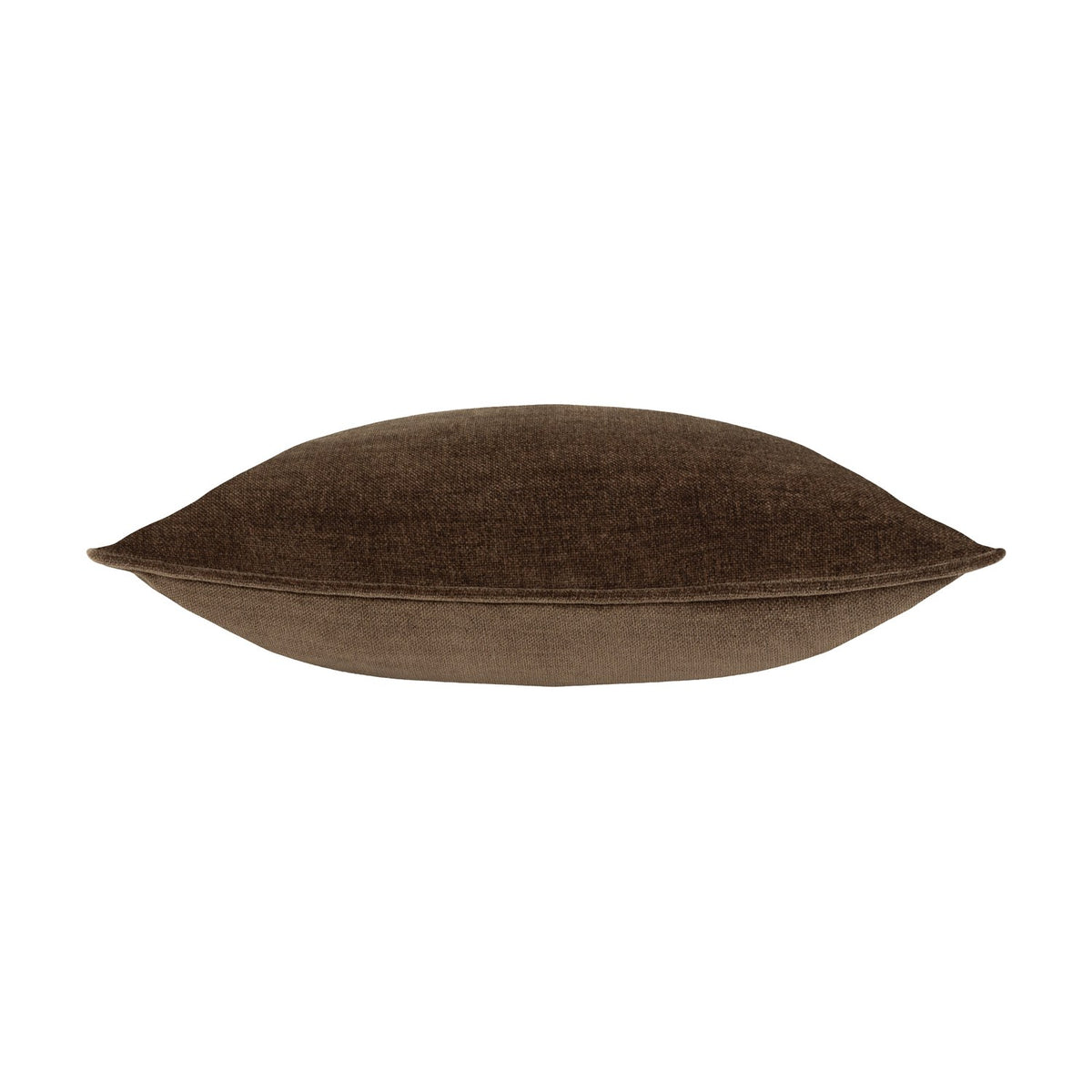 Side view of the Heavy Chenille Eyelet Velvet Cushion in brown, showing its plump, filled square shape and short-pile texture on a white background.