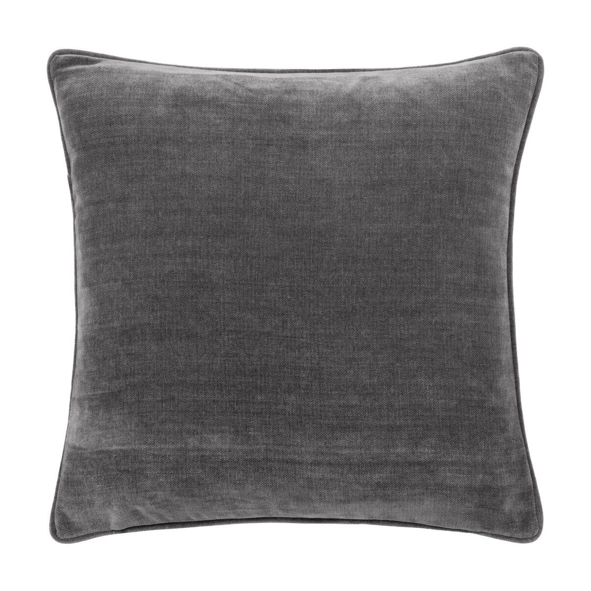 Square charcoal grey cushion in heavy chenille velvet with a piped edge trim on all four sides, shown against a plain white background.