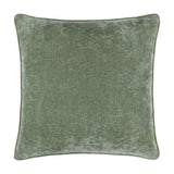 Square heavy chenille cushion in eucalyptus green velvet-like fabric with a piped edge on all four sides, shown on a plain white background.