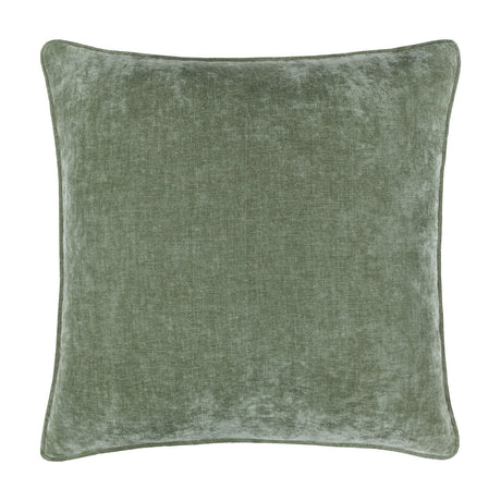 Square heavy chenille cushion in eucalyptus green velvet-like fabric with a piped edge on all four sides, shown on a plain white background.