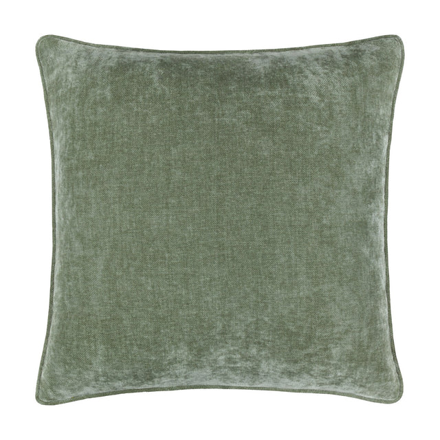 Square heavy chenille cushion in eucalyptus green velvet-like fabric with a piped edge on all four sides, shown on a plain white background.