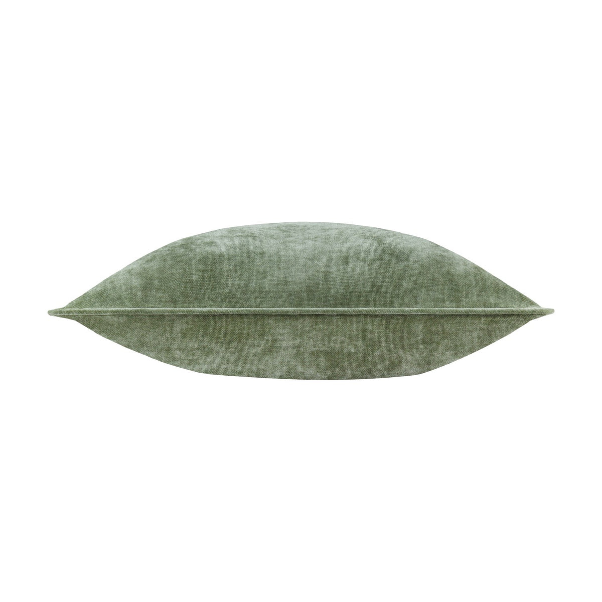 Side view of the Heavy Chenille Plain Velvet Cushion in eucalyptus green, showing a piped edge and dense velvety texture on a plain white background.