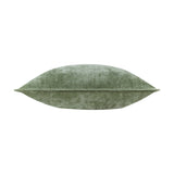 Side view of the Heavy Chenille Plain Velvet Cushion in eucalyptus green, showing a piped edge and dense velvety texture on a plain white background.
