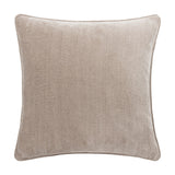 Square chenille velvet cushion in greige with a subtle piped edge trim, shown on a plain white background.