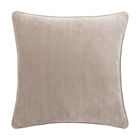 Square chenille velvet cushion in greige with a subtle piped edge trim, shown on a plain white background.