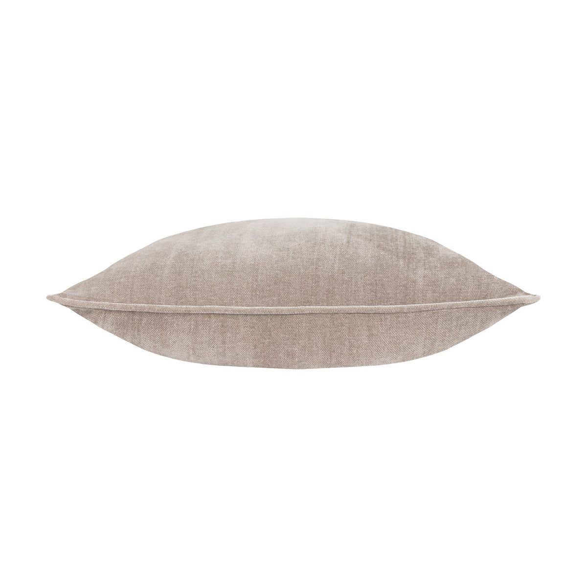 Side view of the Heavy Chenille Eyelet Velvet Cushion in greige, showing plump square shape, velvet chenille texture, and piped edge trim on a white background.