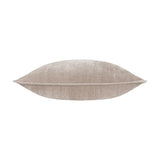 Side view of the Heavy Chenille Eyelet Velvet Cushion in greige, showing plump square shape, velvet chenille texture, and piped edge trim on a white background.