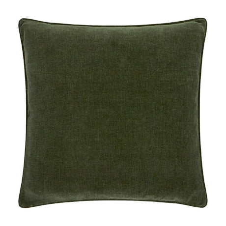 Square cushion in deep olive green heavy chenille velvet with a soft, textured surface and matching piped edge, shown on a plain white background.