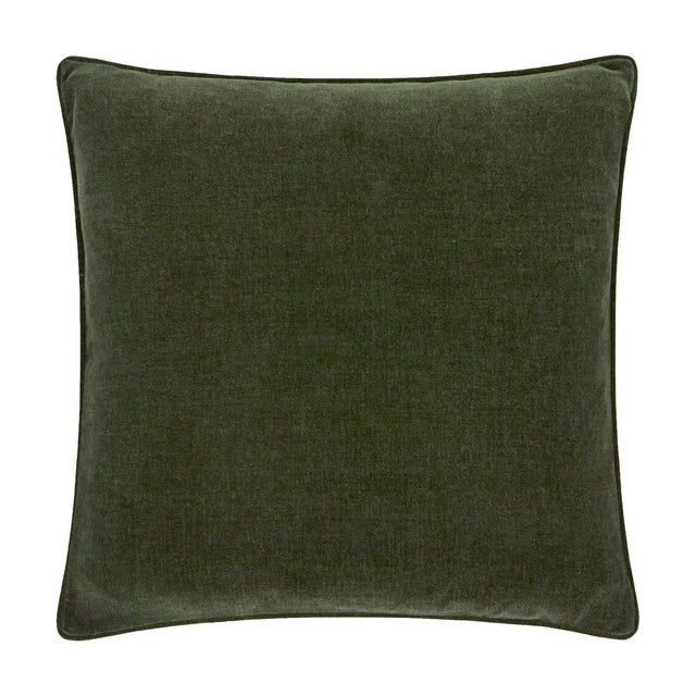 Square cushion in deep olive green heavy chenille velvet with a soft, textured surface and matching piped edge, shown on a plain white background.