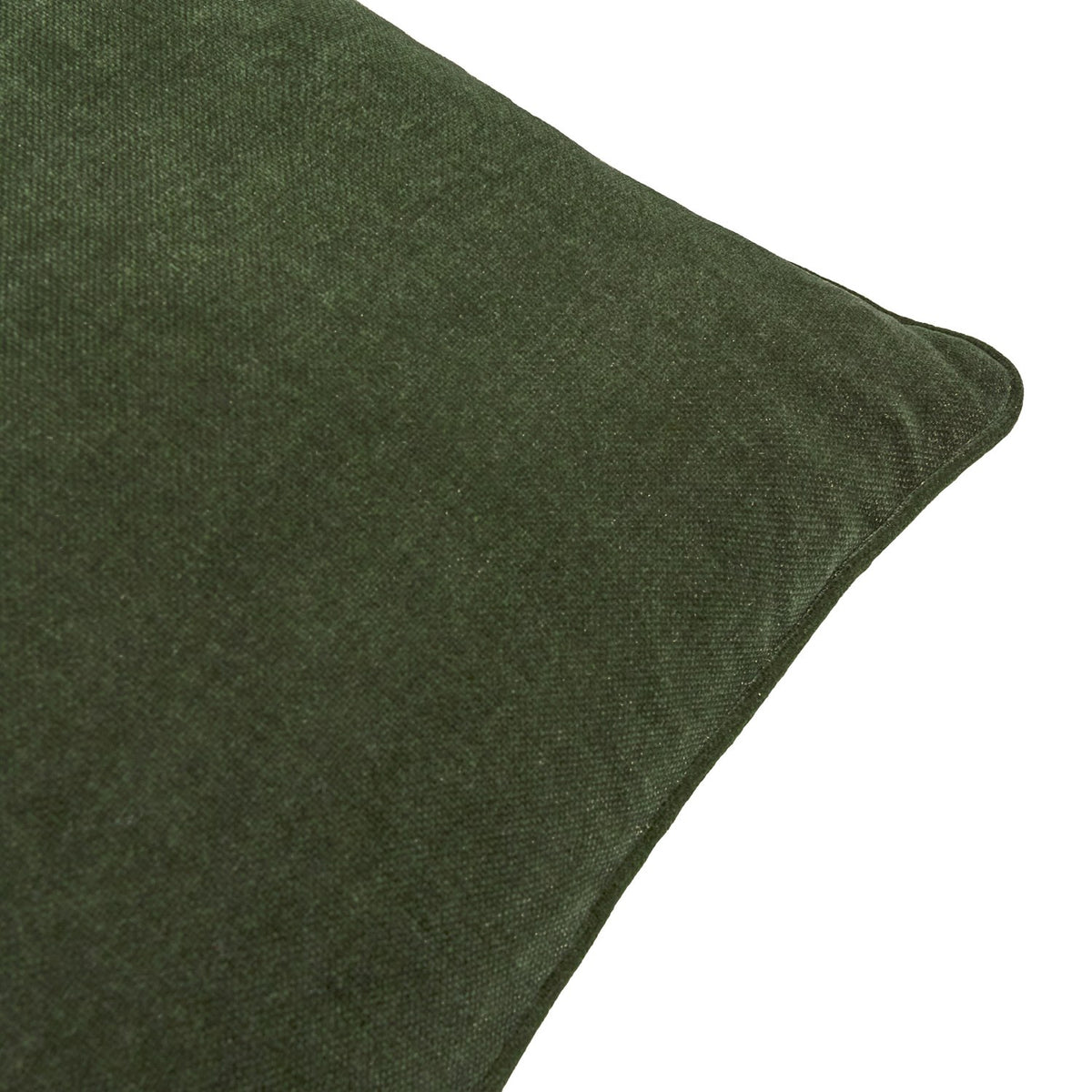 Close-up of the Heavy Chenille Plain Velvet Cushion in Lichen, showing the textured olive green fabric and a corner seam with piped edge on a plain white background.
