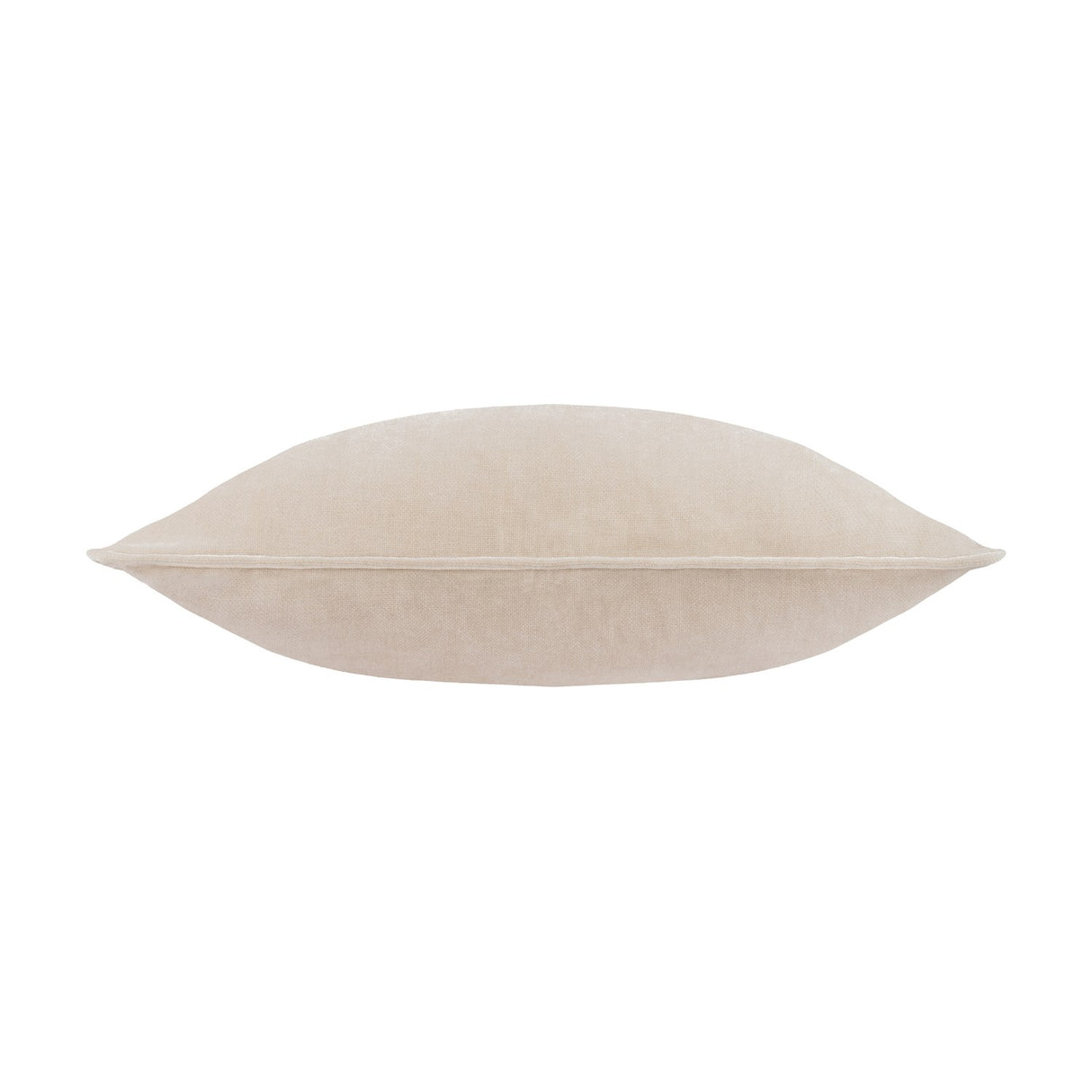 Side view of the Heavy Chenille Velvet Linen Cushion in beige, showing its plump shape, piped edge trim, and slubbed woven texture on a plain white background.