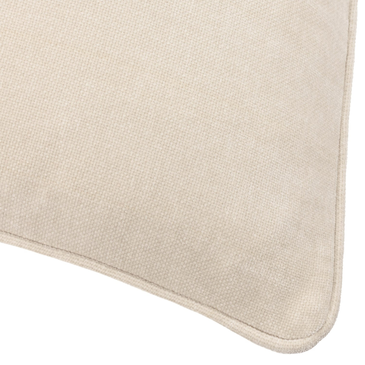 Close-up of the Heavy Chenille Velvet Linen Cushion showing its textured beige weave and piped edge trim, corner detail visible.