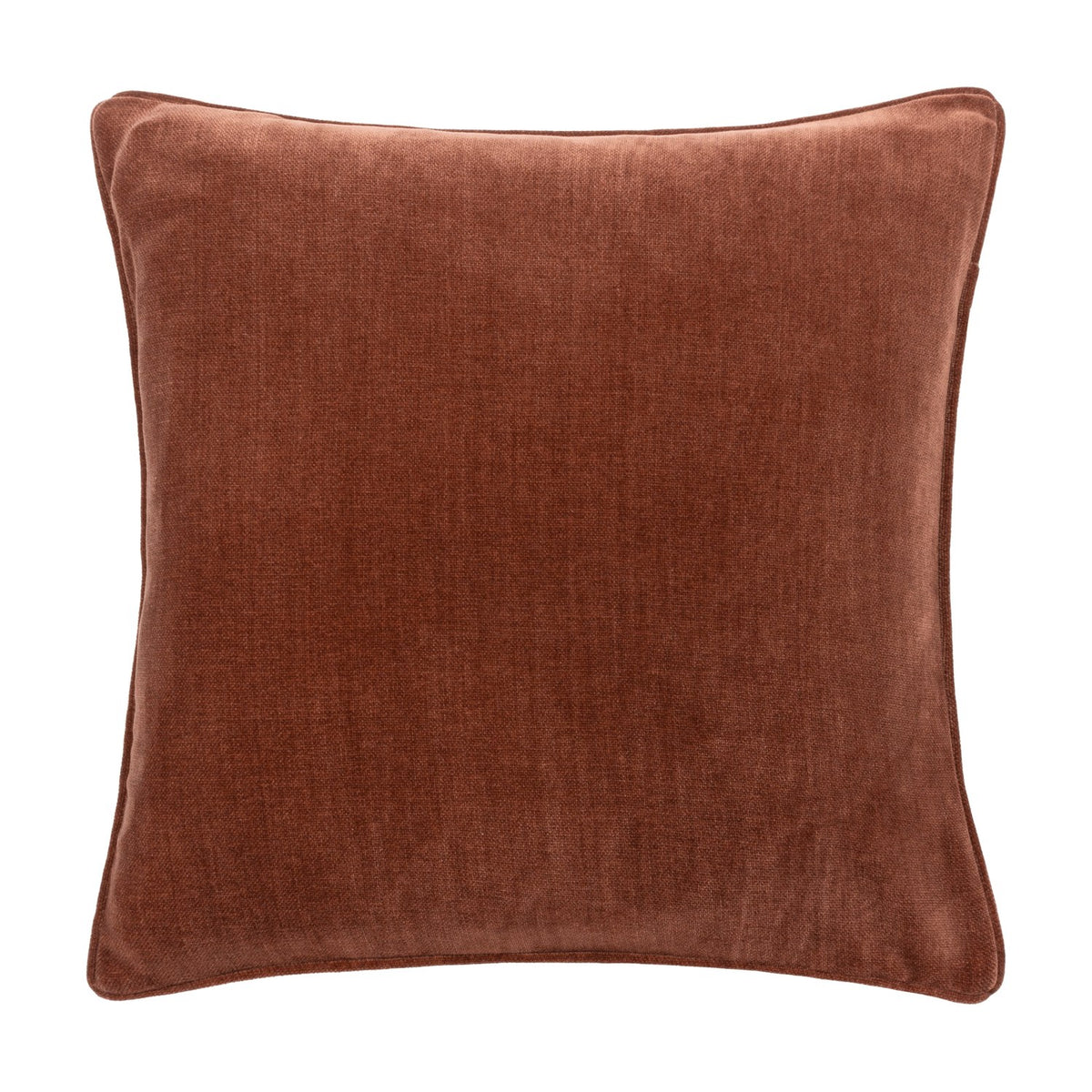 Square Heavy Chenille Eyelet Velvet Cushion in Nutmeg, a warm reddish-brown, with piped edges and a plain front, shown against a white background.