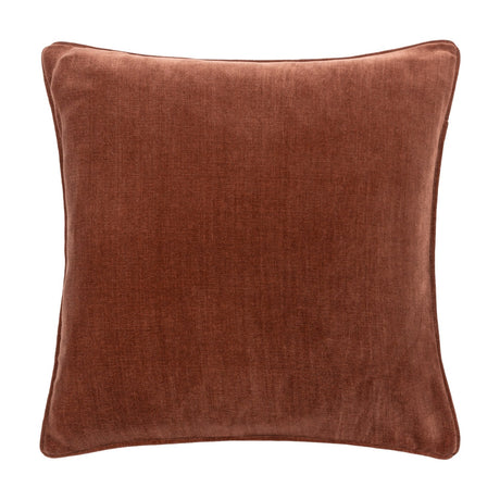 Square Heavy Chenille Eyelet Velvet Cushion in Nutmeg, a warm reddish-brown, with piped edges and a plain front, shown against a white background.