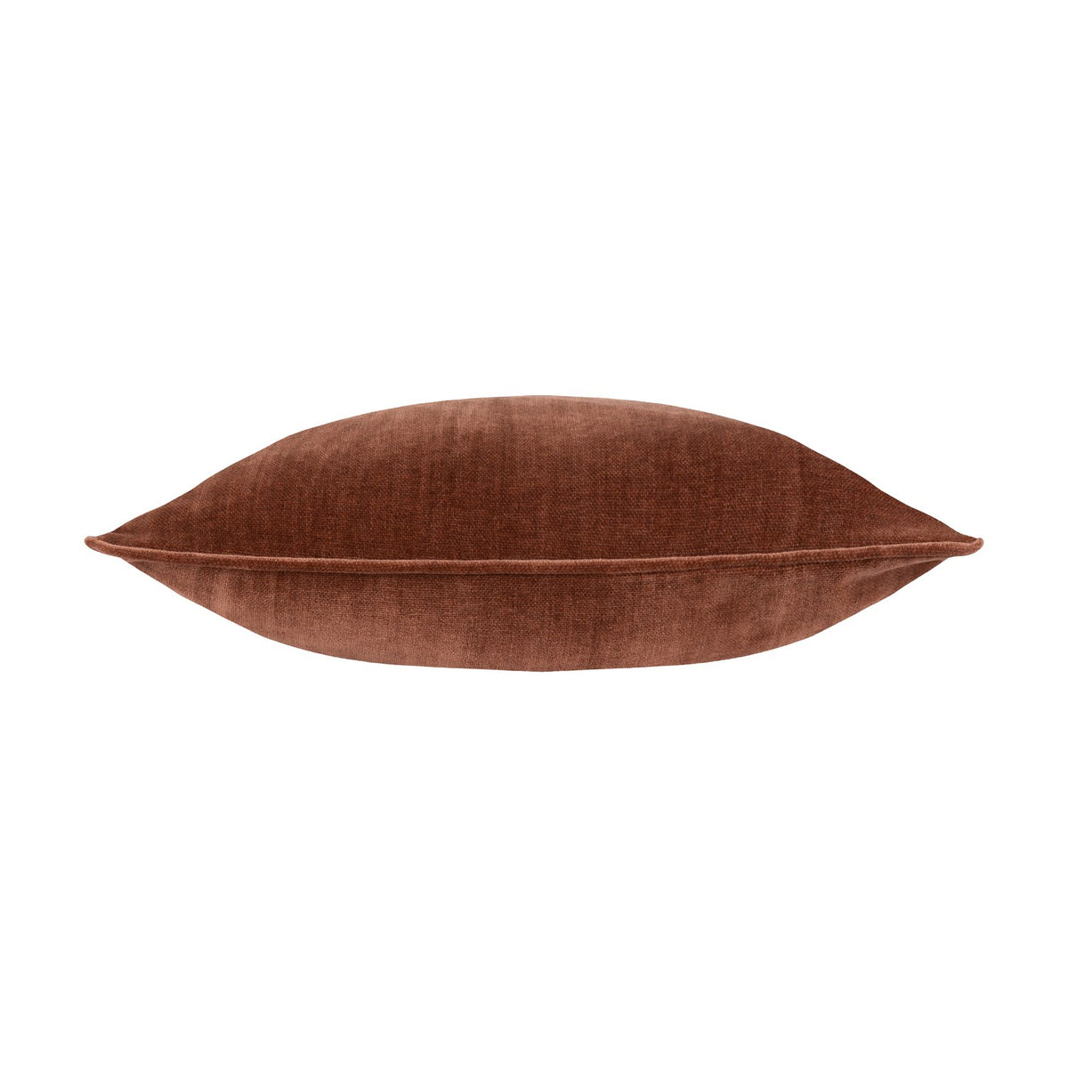 Heavy Chenille Eyelet Velvet Cushion in Nutmeg, a plain-fronted square scatter cushion in warm reddish-brown chenille fabric, shown side-on against a plain white background.