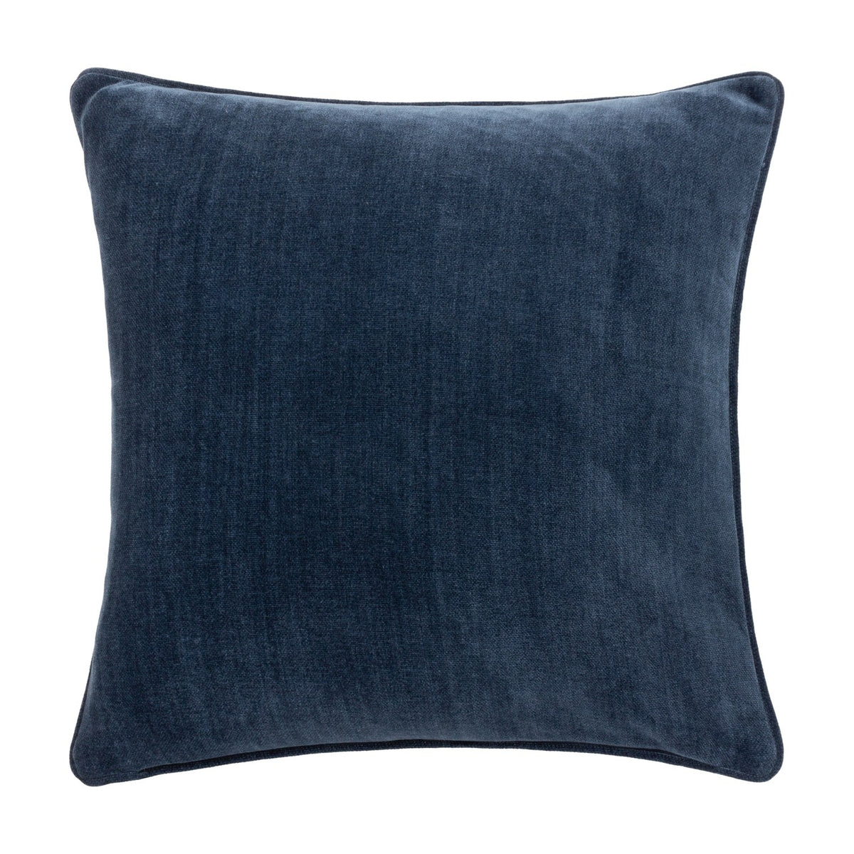 Square navy chenille velvet cushion with a plain face, soft dense pile, and matching piped edge trim, shown on a plain white background.