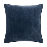 Square navy chenille velvet cushion with a plain face, soft dense pile, and matching piped edge trim, shown on a plain white background.