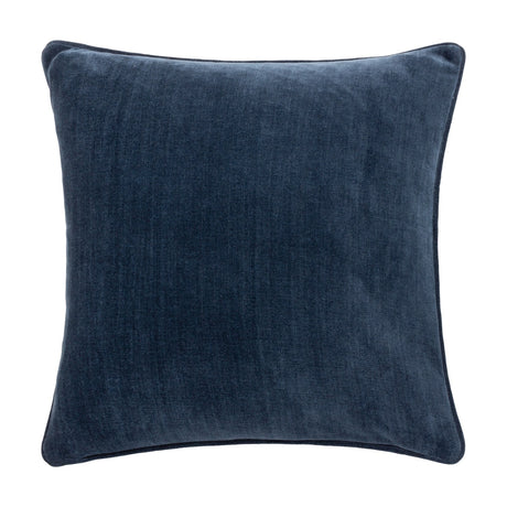 Square navy chenille velvet cushion with a plain face, soft dense pile, and matching piped edge trim, shown on a plain white background.