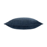 Heavy Chenille Eyelet Velvet Cushion in navy, shown side-on to reveal its plump square shape and piped edge trim, set against a plain white background.