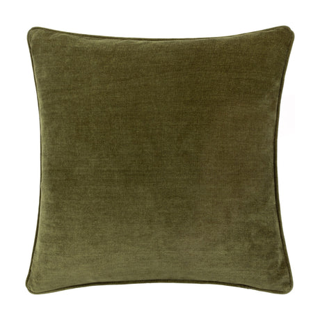 Square olive-green cushion in heavy chenille velvet with a matt, densely woven texture and piped edges, shown on a plain white background.