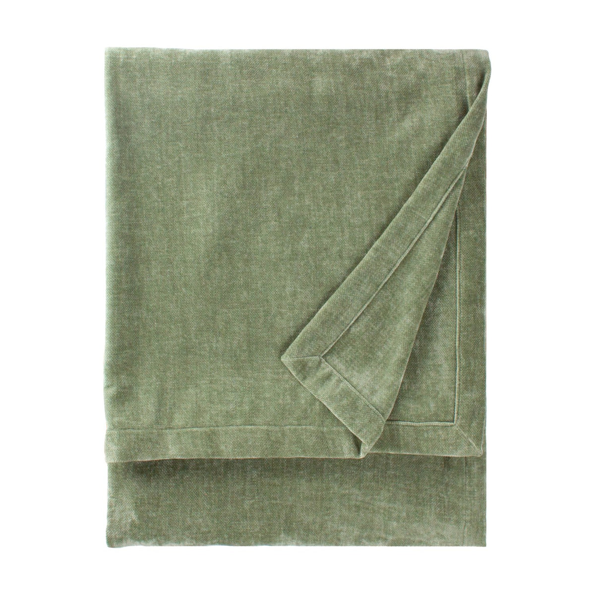 Heavy Chenille Eyelet Velvet Throw in eucalyptus green, folded to show its dense woven texture and stitched border, shown on a plain white background.