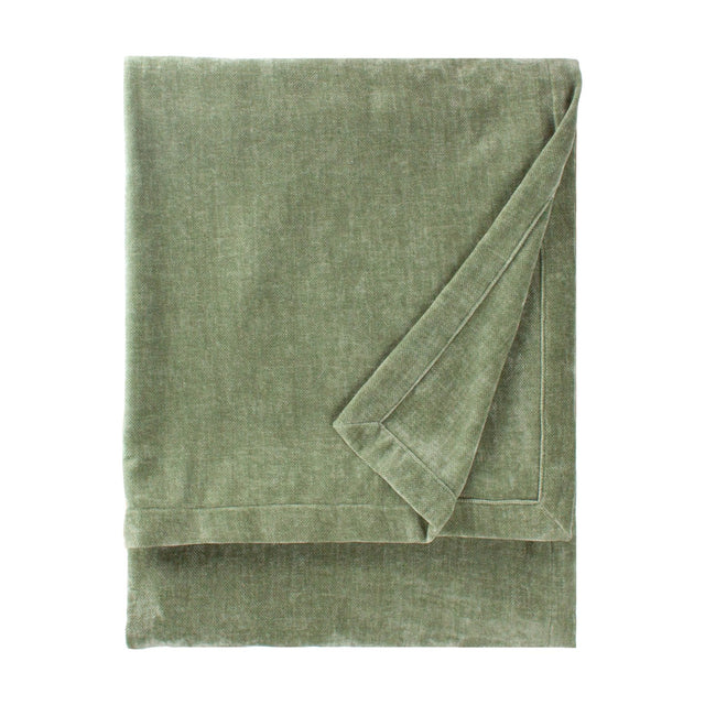Heavy Chenille Eyelet Velvet Throw in eucalyptus green, folded to show its dense woven texture and stitched border, shown on a plain white background.