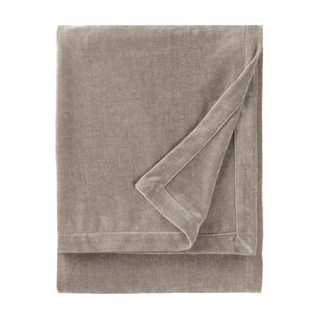 Heavy Chenille Eyelet Velvet Throw in greige, folded to show its dense velvet pile and finished edge trim, on a plain white background.