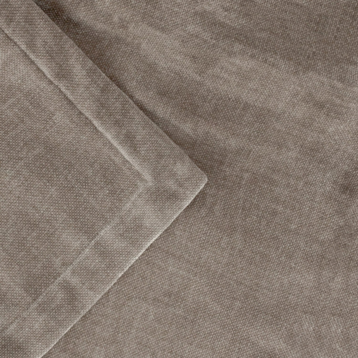 Heavy Chenille Eyelet Velvet Throw in greige, close-up of dense velvet chenille pile with folded edge showing fine woven texture.