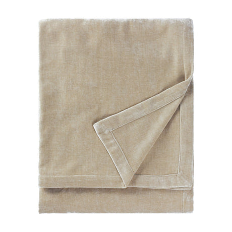 Heavy Chenille Eyelet Linen Throw in beige, folded to show its plush velvety chenille texture and finished edge, on a plain white background.