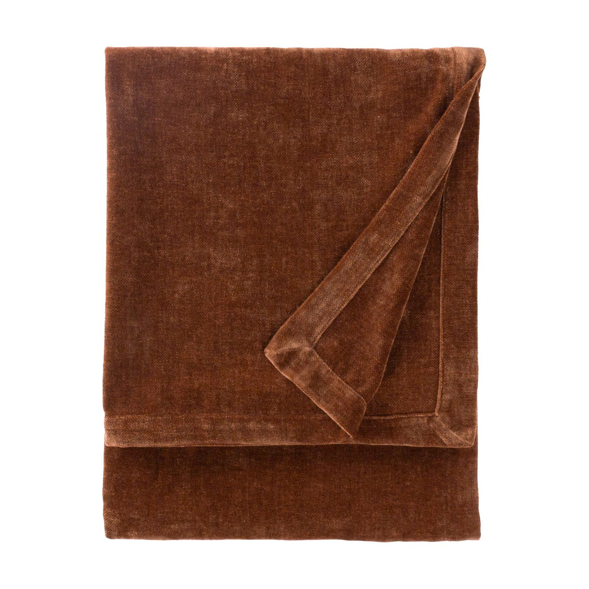Heavy Chenille Eyelet Velvet Throw in Nutmeg brown, folded showing a soft tufted pile with a bordered edge, on a plain white background.