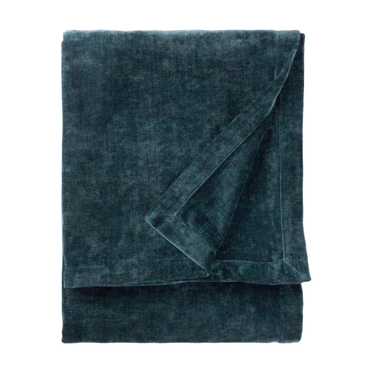 Folded navy chenille velvet throw with a soft, dense nap and visible sheen variation across the folds, shown on a plain white background.