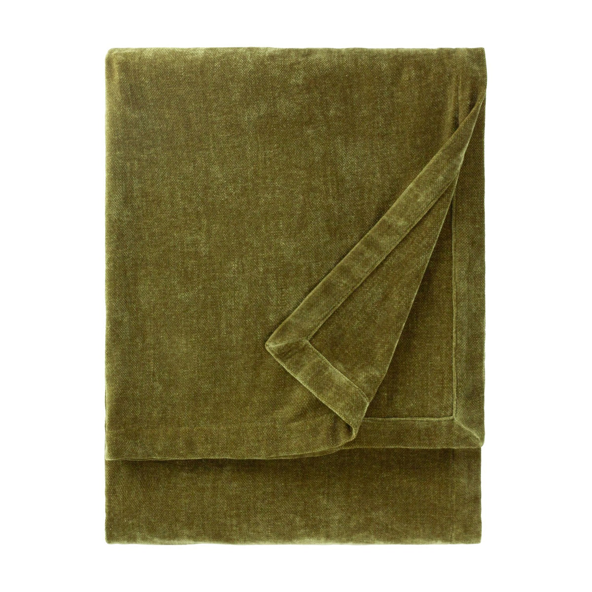 Heavy Chenille Eyelet Velvet Throw in olive green, folded to show its dense velvet pile and finished edge, on a plain white background.