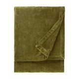 Heavy Chenille Eyelet Velvet Throw in olive green, folded to show its dense velvet pile and finished edge, on a plain white background.