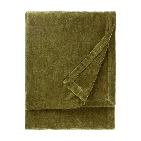 Heavy Chenille Eyelet Velvet Throw in olive green, folded to show its dense velvet pile and finished edge, on a plain white background.
