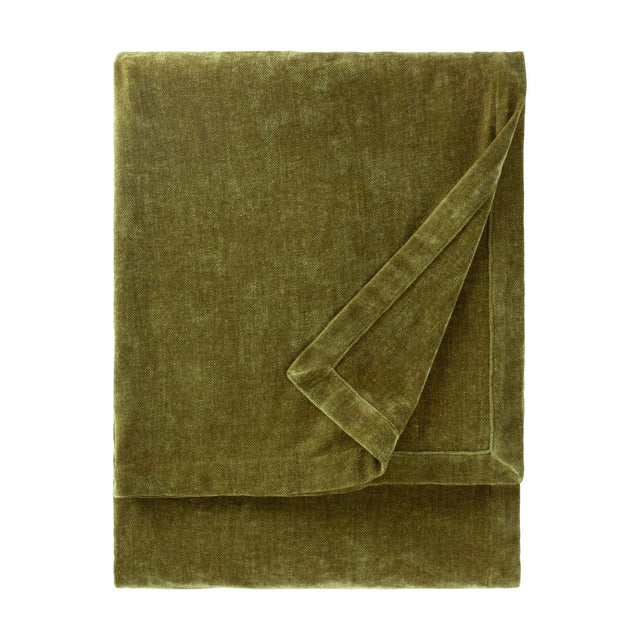 Heavy Chenille Eyelet Velvet Throw in olive green, folded to show its dense velvet pile and finished edge, on a plain white background.