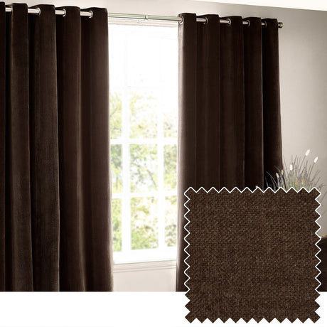 Heavy chenille velvet eyelet curtains in deep brown hung on a metal pole beside a window, shown with a fabric swatch detail of the dense woven pile.