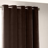 Brown heavy chenille velvet eyelet curtain panels with silver grommets, shown hanging in soft vertical folds from a metal curtain rod.