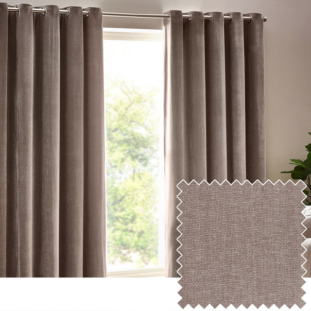 Heavy Chenille Velvet Plain Eyelet Curtains in greige hanging on a metal pole beside a window, with a matching fabric swatch showing the textured weave.