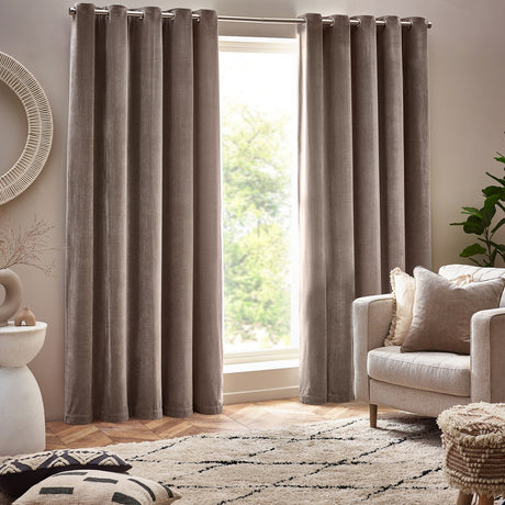 Heavy Chenille Velvet Plain Eyelet Curtains - Greige